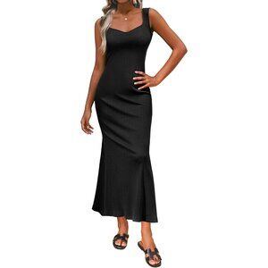 Women Black Maxi Dress Casual Square Neck Sleeveless Ribbed Basic Cotton Dress